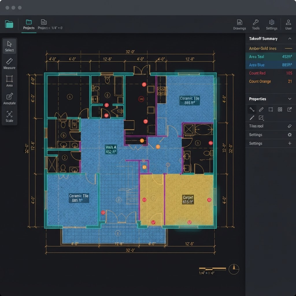 BOQBid on-screen takeoff interface highlighting measured areas on a construction floor plan